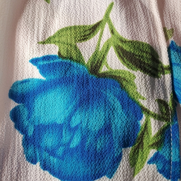 Love Story White Long Duster Cardigan Women W/ Blue Roses Ruffle Layered Hem - Picture 4 of 10